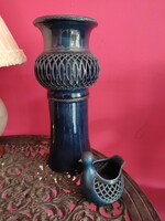 Huge k.M. Marked craftsman ceramic vase and hen plum with blue glazed openwork decoration