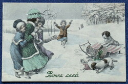 Antik VK Vienne  Újévi grafikus üdvözlő képeslap gyerekek szánkó játék kutyák hóesés