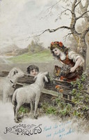 Antik dombornyomott Húsvéti üdvözlő litho képeslap kisleány bárány virágkosár erdő szélén