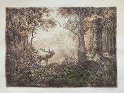 Csergezán Pál (1924-1996) - Szarvasbőgés (1954) című akvarellel színezett rézkarca /27x38 cm/