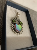 Huge silver pendant with rainbow stone