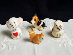 4 db mini (3-4 cm) porcelán figura: egérke, bagoly, mókus, kutya