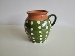 Old vintage polka dot green glazed folk earthenware pot pot pot with handle jug spout earthenware jug