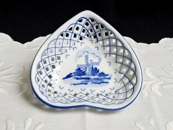 Holland Delft Blue porcelán szív alakú áttört tálka