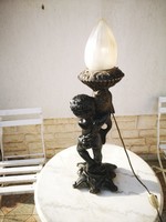 Antique huge lamp with polished glass, figurative putto statue made of metal, fish ornament, heavy 9kg.