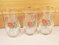 Retro régi üveg pohár - rövid italos alkohol festett virág mintás - pohár készlet 3 db