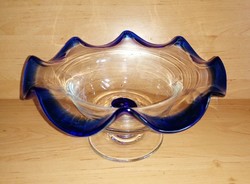 Fodros kék szélű talpas üveg tál  asztalközép (6p)