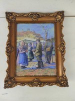 Antik pasztell festmény 1934 Piac blondell keretben szignált 518 6931