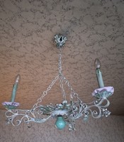 Festett kovácsolt vas csillár míves fehér antik vintage régi lámpa