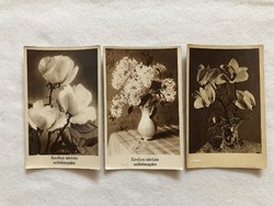 3 db antik virágos képeslap -  Postatiszta
