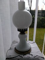 Electrified kerosene lamp, milky white with designed glass shade