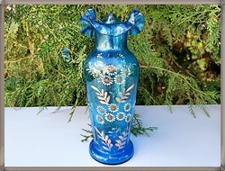 Sky blue, blue, blown-torn glass vase with ruffled rim, antique, art nouveau style