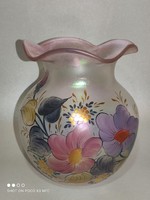 Matt gyöngyház zománcozott irizáló  Poschinger üveg váza 14,5 cm ritka