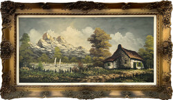 High-quality rural landscape oil painting in blonde frame