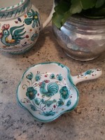 Italian, deruta, verde gallo, hand-painted ceramic small bowl with handle, majolica with green rooster, repaired