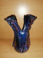 Bohemia iridescent blue double-necked broken glass vase 25 cm (10/d)