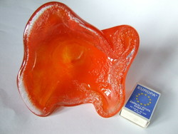 Különleges narancsszínű, narancssárga művészi üveg tárgy nehéz vastag üvegből (cseh?)