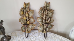 Art Nouveau-style, wall-carved wood/copper candle holder 2 pcs.