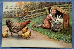Antique embossed Easter greeting litho postcard little girl bunny cabbage chick hen