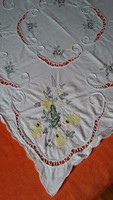 Old, Easter, chicky, embroidered, white linen tablecloth