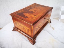 Antique beautiful special inlaid angel with figural wooden box lockable chest chest. Video