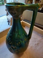Zsolnay eozin teal jug with folk motif (no. F-a)