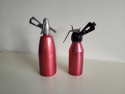 Old retro aluminum head pink soda siphon and foam siphon mid century soda siphon
