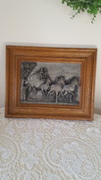 Stagecoach scene, framed tin relief, bas-relief