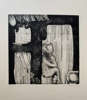 Maurer Dóra (1937-) Várakozás (1966) című rézkarca /17x17,2 cm/