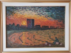 Modern City Beach Sunset Oil Painting Unmarked