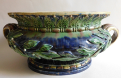 Large antique majolica jardiniere with laurel branch decoration