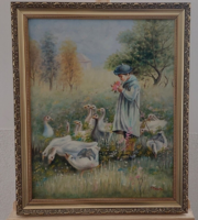 (K) very nice signed portrait painting small goose shepherd 47x57 cm with frame