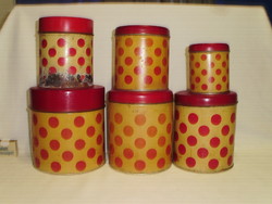 Hat darab régi, piros pöttyös lemez fűszertartó doboz - együtt - dekorációs célra