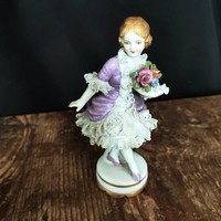 V mueller & co volkstedt porcelain figurine of a girl in a lavender dress decorated with lace