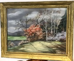 Pastel painting, sátory sign, landscape in an old wooden frame