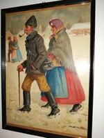 Tibor Pólya (1886-1937) - on his way home from the market - beautiful antique oil painting, original work!