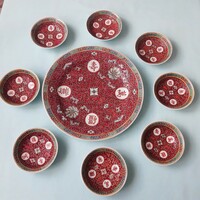 Kínai porcelán kézzel festett nagy lapos tányér, dísztányér + 8 darab tálka