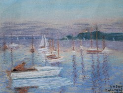 Balatonfüred, 1950s - labeled pastel landscape - balaton, sailboats, sailing