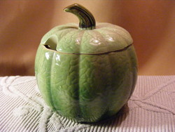 Old earthenware green pumpkin-shaped spice and sugar bowl