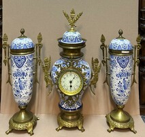 Antique Delft urn painting porcelain mantel clock set