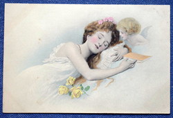 Antik MM Vienne színezett üdvözlő képeslap alvó hölgy puttóval rózsa levél