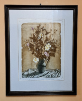 Sale! Domokos Gaál (1940-2009) - large colored etching / flower still life / 49 x 61cm