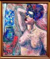 Endre Bálint (1914 - 1986 Budapest): nude with flowers, 1985 - a real collector's treat!