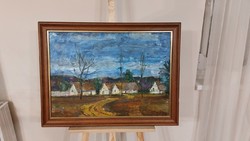 (K) János Szűcs's painting of a village detail with a 59x80 cm frame