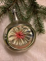 Régi üveg ezüst színű behúzott gömb karácsonyfadísz