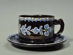 Rare majolica tea cup from Hódmezővásárhely, with saucer, by the small Sándor potter, marked.
