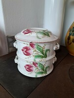 Gyönyörű ritka antik porcelán ételhordó tulipános virágos