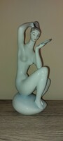 Zsolnay art deco female nude with shield seal on blue stone