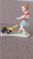 Retro Bodrogkeresztúr ceramic girl with rooster, hand painted, marked, numbered, 17 X 17 cm.