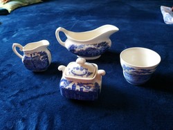 Kék mintás angol porcelán cukortartó és kiöntő szett , hiánypótlásra